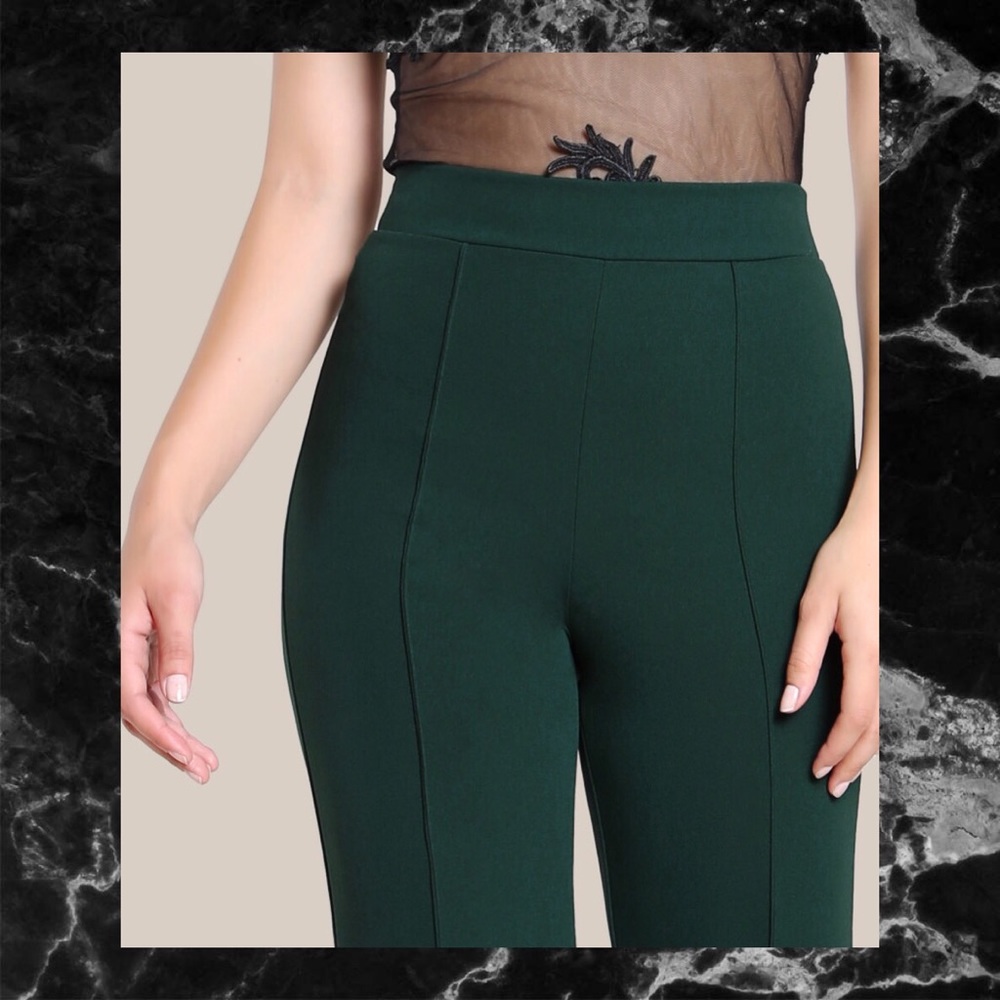 FOREST GREEN HIGH RISE PIPED DRESS PANTS - Picture 2 of 5